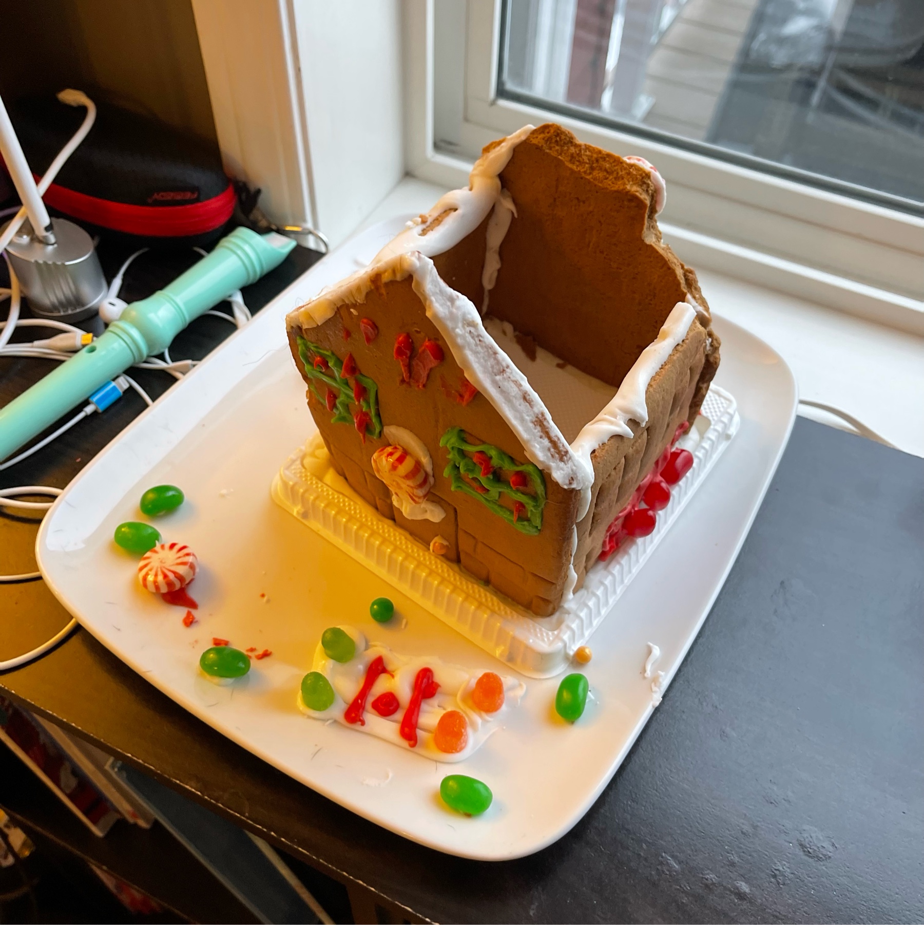 gingerbread house partialky eaten by canine. 