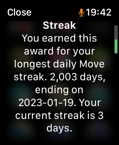 screen shot of a apple watch move streak record of 2003 days that i blew. 