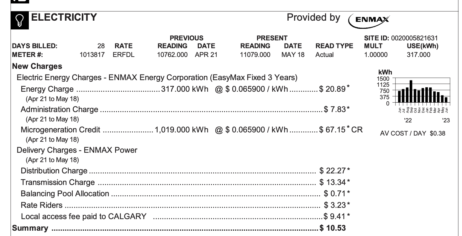 Electricity bill for Calgary, AB, Canada showing 1019 kWh exported and 317 kWh imported from the grid.